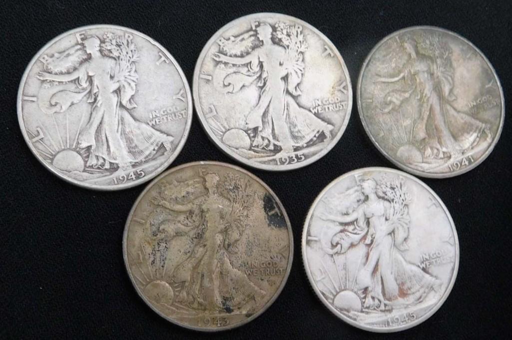 5 Walking Liberty Half Dollars 90% Silver (1 of 2)