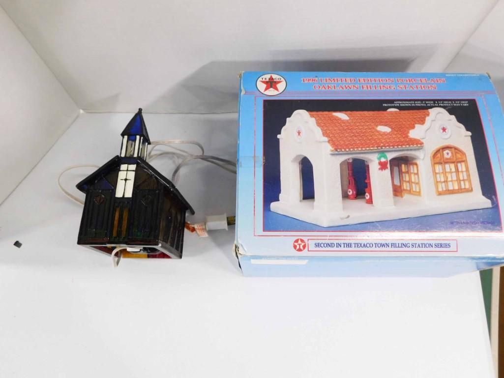 Music Box Church with Light and 2nd in the Texaco Town: Music Box Church with Light plays Amazing Grace and 2nd in the Texaco Town Filling Station Series Porcelain Oak Lawn Filling Station