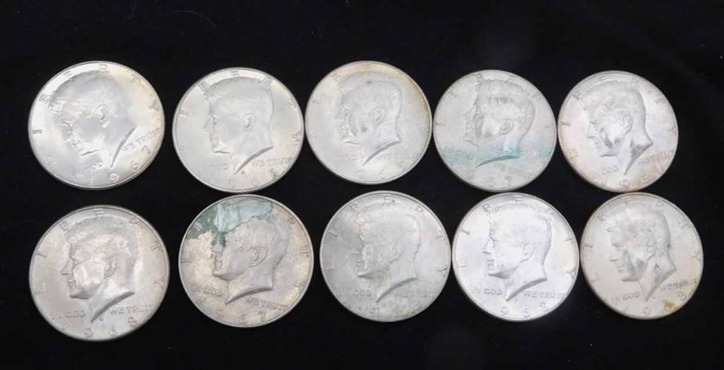 10 Kennedy Half Dollars 40% Silver 1965 - 1970 (1 of 2)