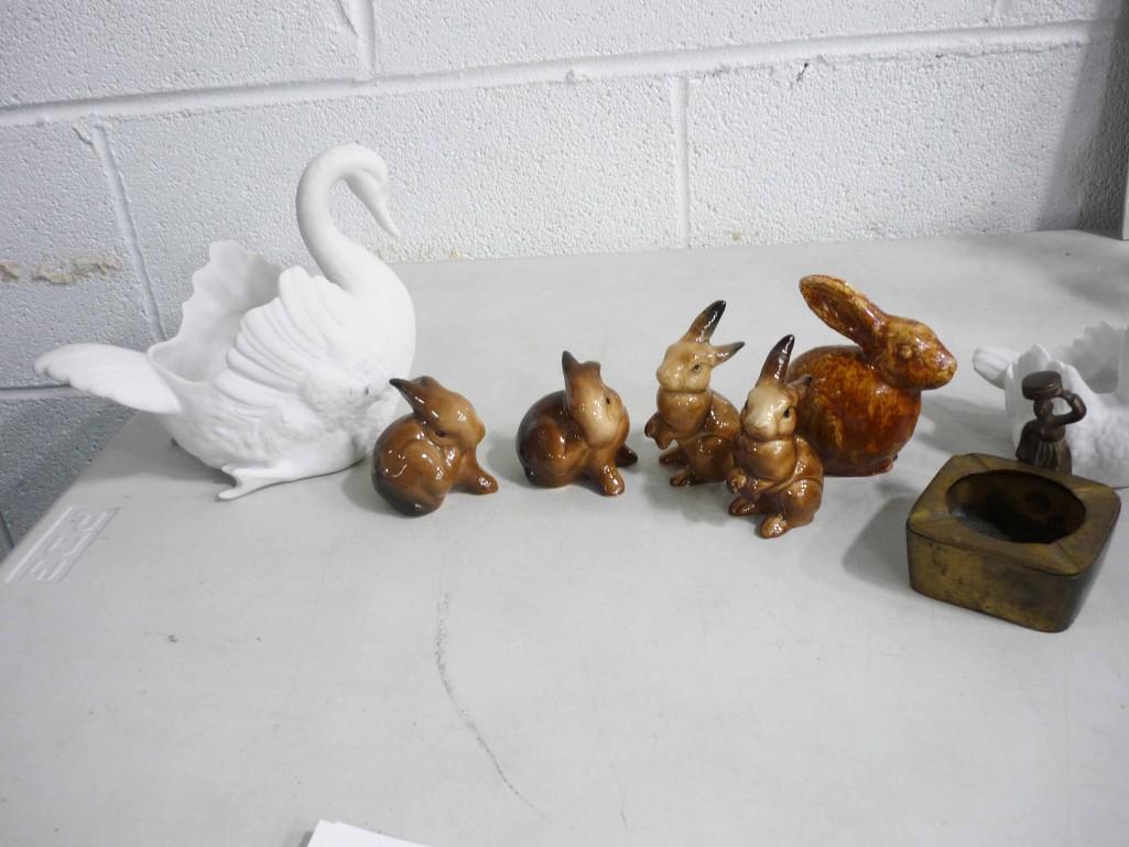 Lot of Figurines incl Swans , Rabbits , Brass Ashtray ,: Lot of Figurines incl Swans , Rabbits , Brass Ashtray , etc