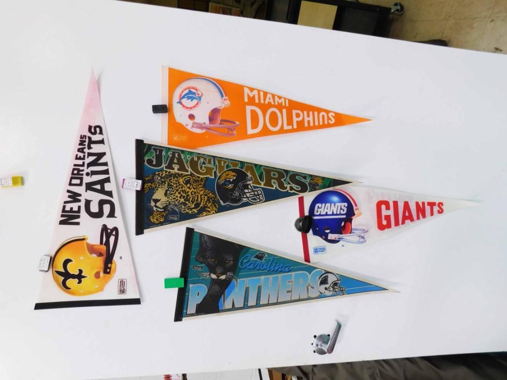 5 Vintage Football Pennants incl Dolphins , Jaguars ,: 5 Vintage Football Pennants incl Dolphins , Jaguars , Giants , Panthers , Saints