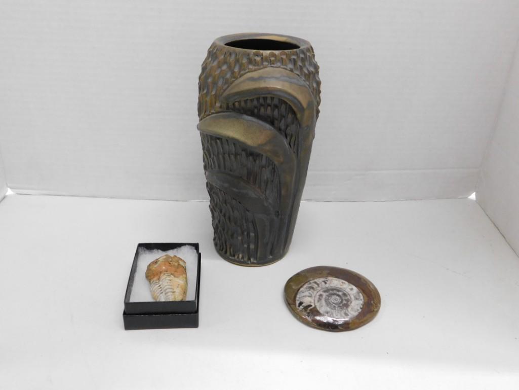 Vase and 2 Fossils: Vase and 2 Fossils , Vase is signed on the bottom