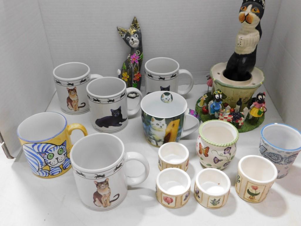 Lot of Cat Mugs, Cat Figures, A Butterfly Vase, etc: Lot of Cat Mugs, Cat Figures, A Butterfly Vase, etc