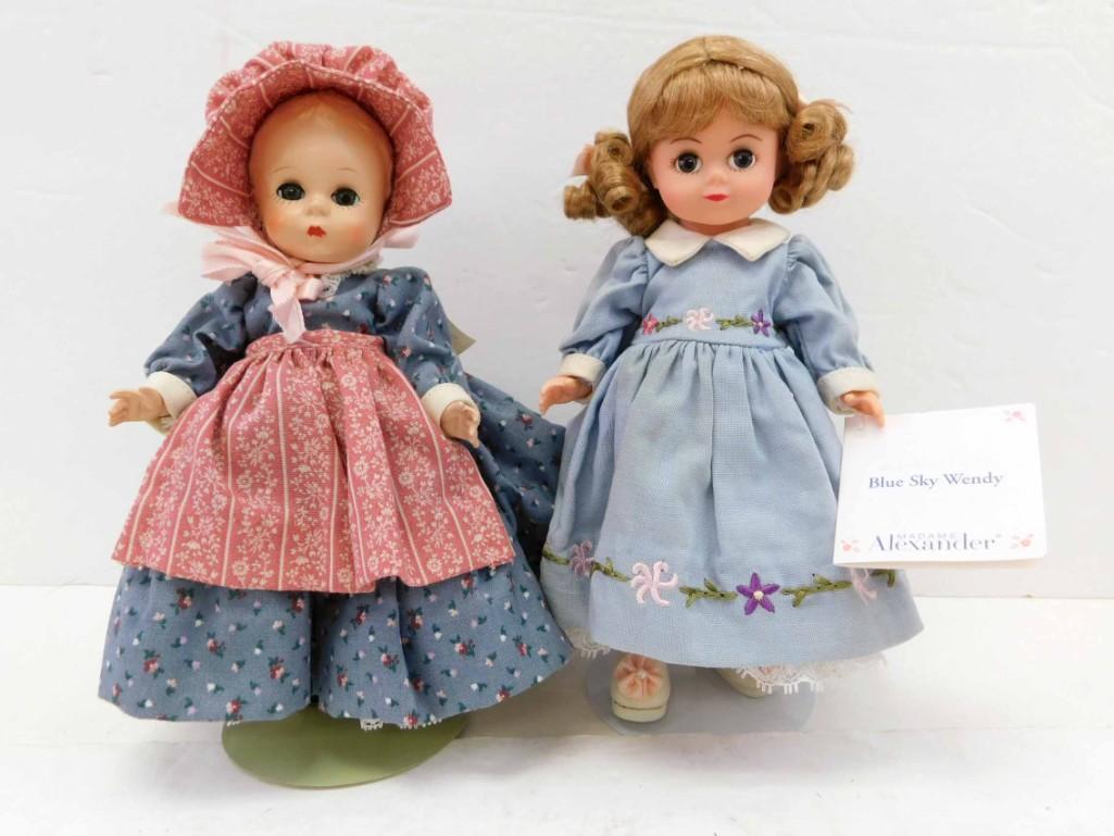 Madame Alexander Blue Sky Wendy 8" Doll #27925 w Tag: Madame Alexander Blue Sky Wendy 8" Doll number 27925 with tag and stand, 2000. Madame Alexander Sulky Sue 8" restrung doll with stand. DE-WIGGED . Dolls are clean and in VGC. No papers or boxe