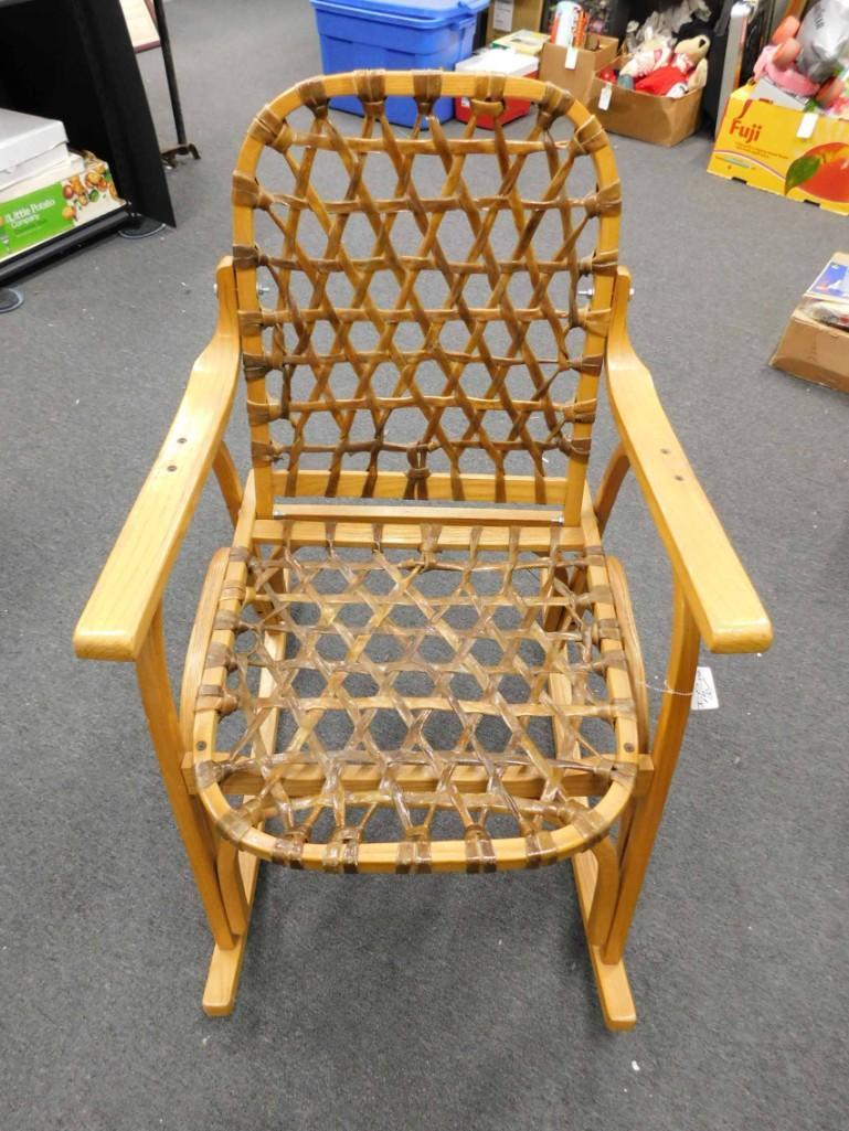 Snowshoe Rocking Chair Wood and Rawhide: Snowshoe Rocking Chair Wood and Rawhide . A great conversation piece for the cabin !
