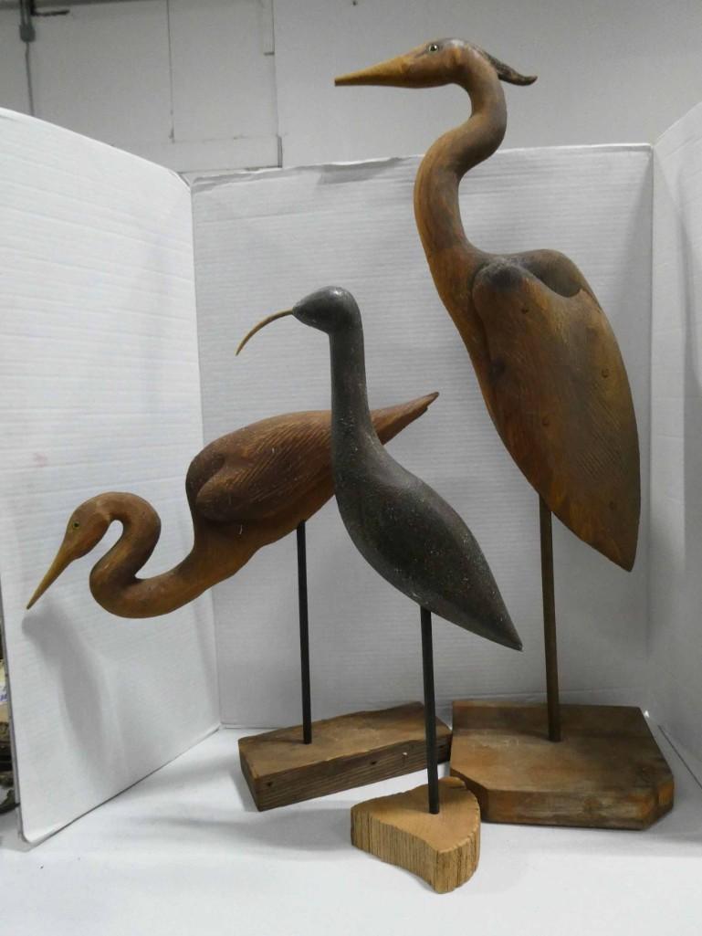 3 Bird Sculptures incl 2 Carved Wood Signed Larson 83 (1 of 3)