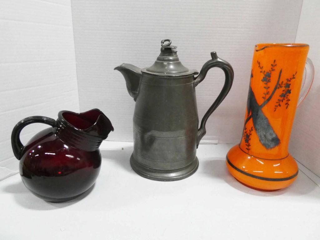 Vintage Lot incl Ruby Red Glass Pitcher , Pewter Coffee (1 of 3)