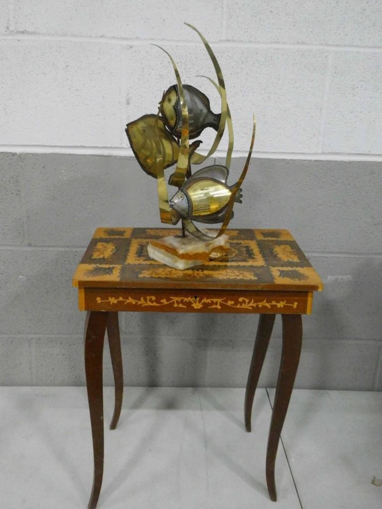 Small Side Table with Music Box and a Fish Metal Sculpt (1 of 9)