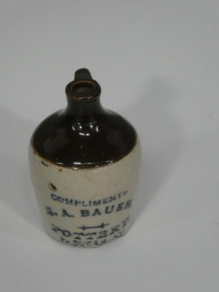 Bauer Promotional Whiskey Jug: Bauer Promotional Whiskey Jug . For the serious collector, this is one of the rarest and oldest pieces of Bauer around. It was made in the original plant in Paducah KY, where Bauer Pottery began its b