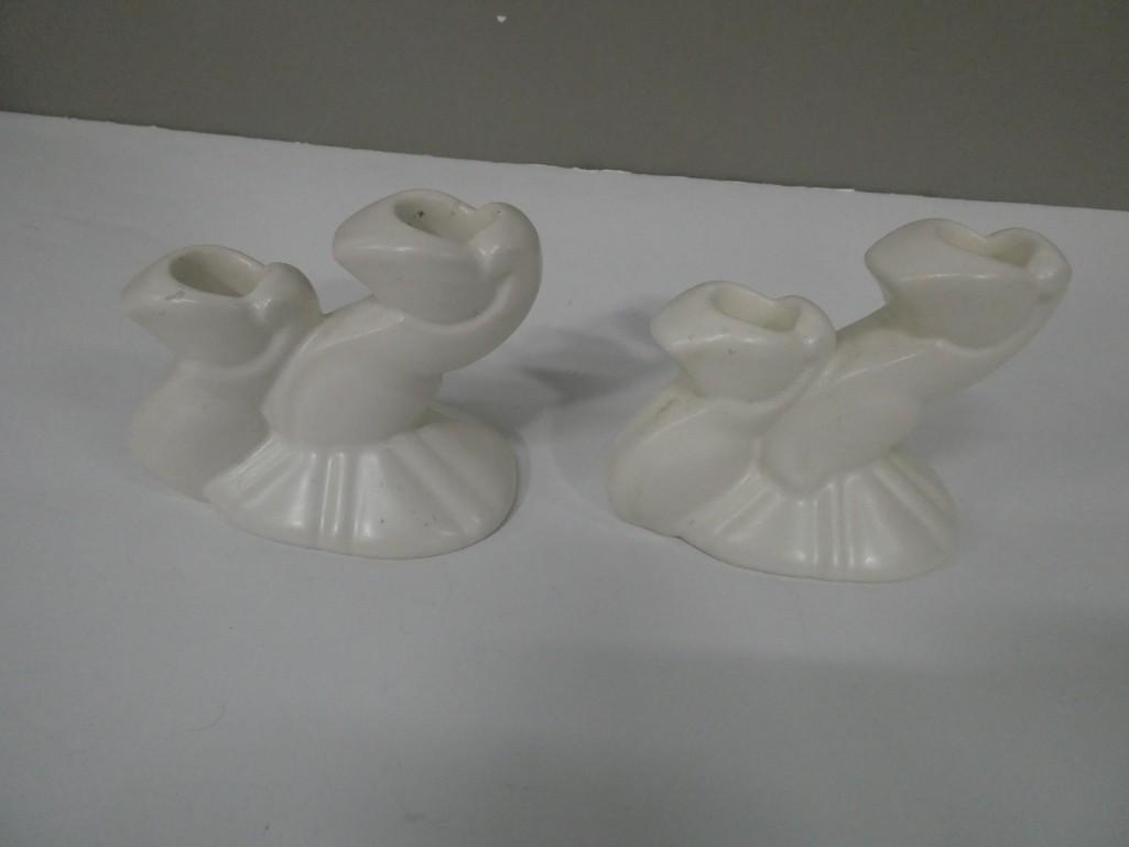 Bauer Double Candlesticks: Bauer Double Candlesticks . This is a pure white pair of low Bauer double candlesticks in great condition and marked' 'Bauer' and made in the 1940's