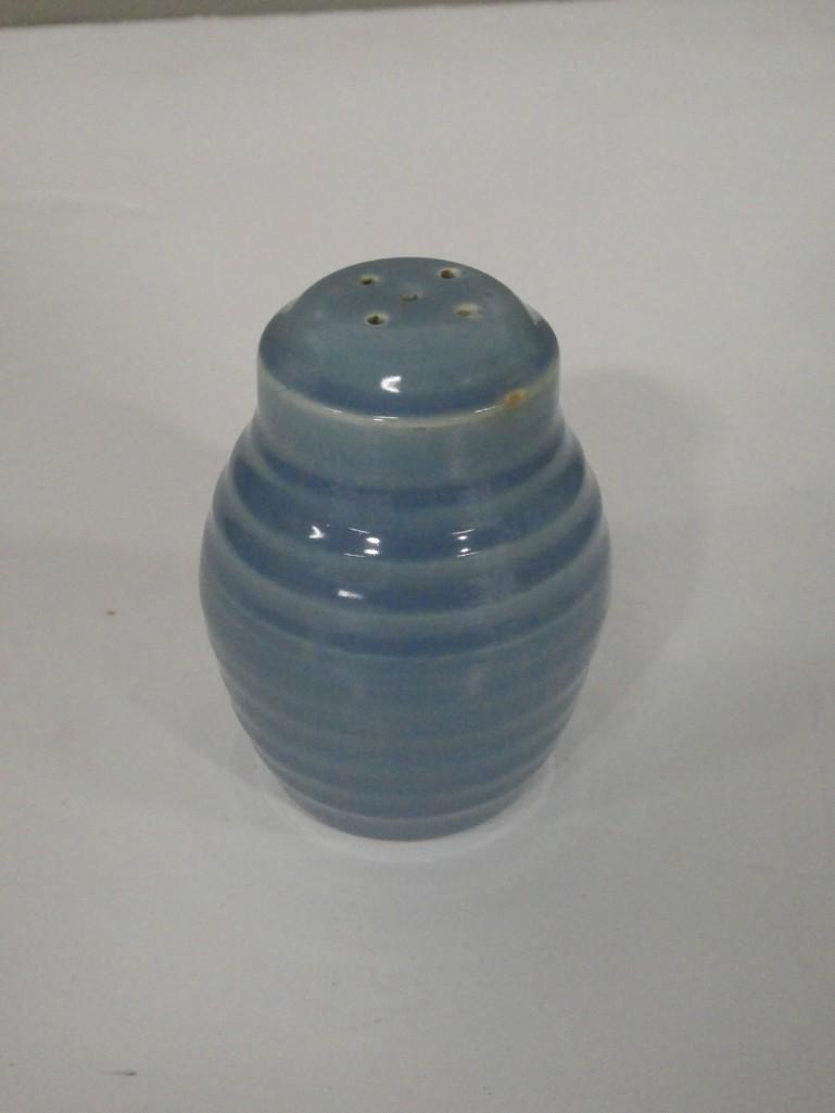 Bauer Barrel Shaker: Bauer Barrel Shaker . This is from the Ringware Line for Bauer Pottery. It is a gray blue and had a minor chip on the rim.