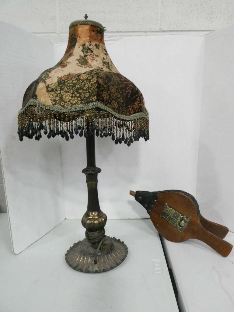 Lamp with Beaded Fringe Shade and Decorative Bellows: Lamp with Beaded Fringe Shade and Decorative Bellows . Lamp works