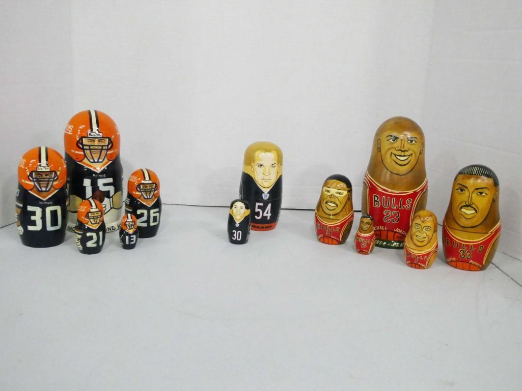 Lot of Nesting Dolls incl Chicago Bulls , Chicago Bears: Lot of Nesting Dolls incl Chicago Bulls , Chicago Bears , and Fighting Illini . Bulls includes Michael Jordan nesting doll