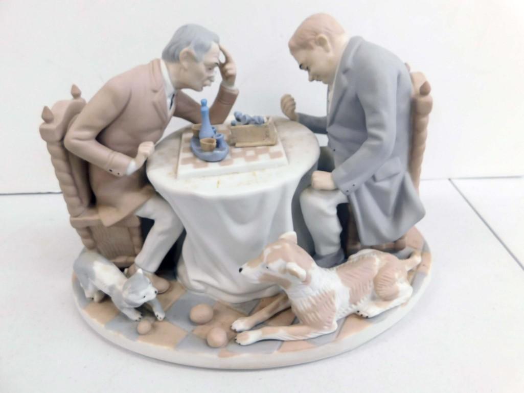 Pales SI Men Playing Chess Figurine 328 Made in Spain: Pales SI Men Playing Chess Large Porcelain Figurine 328 Made in Spain Condition: The box with the chess pieces has been repaired