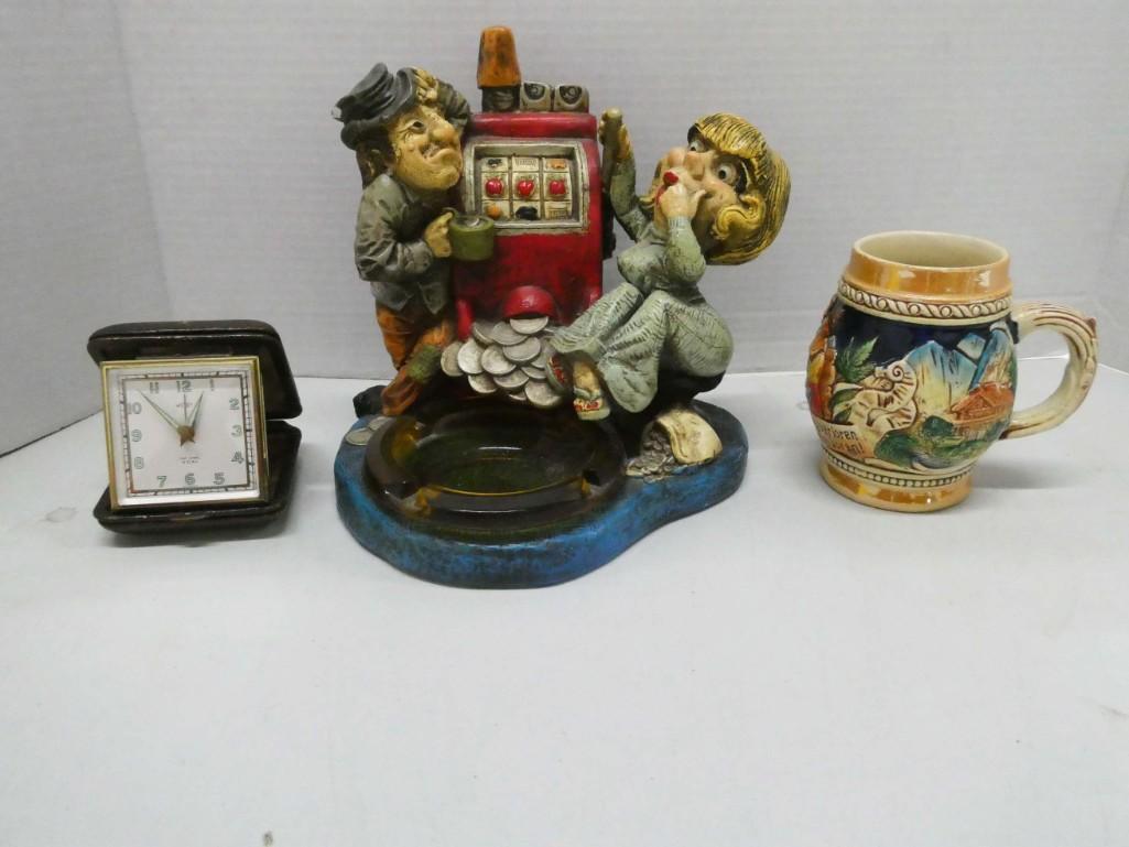 Collectibles Lot incl Vintage Novelty Ashtray , Beer: Collectibles Lot incl Vintage Novelty Ashtray , Beer Stein , Travelers Alarm Clock