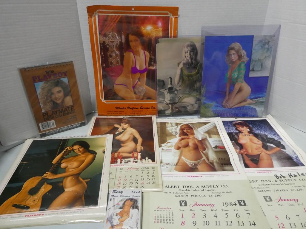 Lot of Playboy Magazine Calendars, etc.: Lot of Playboy Magazine Calendars, etc. Includes advertising calendars from the 1960's through 1990's, adult nude playing cards, pin-up girl pictures where you lift the plastic and it removes 