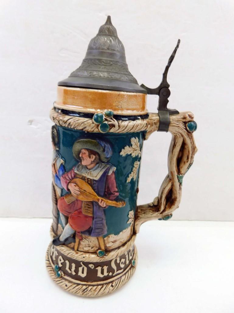 Antique 1L German Beer Stein with Drinkers and Musician (1 of 5)