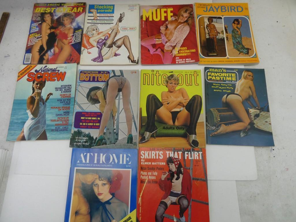 Lot of Vintage Adult Magazines Including Muff, National: Lot of Vintage Adult Magazines Including Muff, National Screw, Hustler's Erotic Video Guide, Stocking Parade, Jaybird, A Parliament Publication - Bottom Vol 2. No 1, A Cougar Publication - Nite Ou