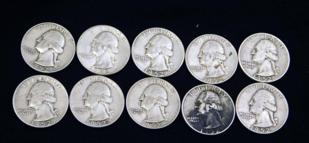 10 Nice 1952 Washington Quarters 90% Silver (1 of 2)