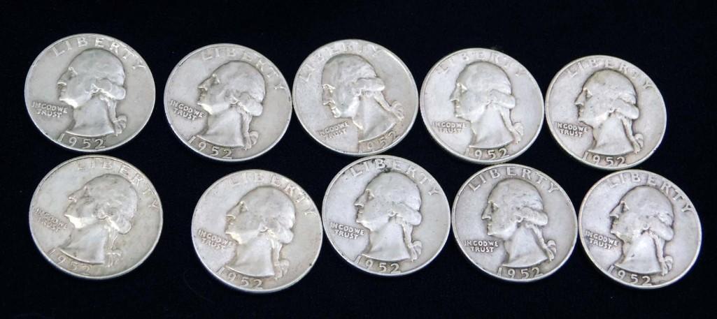 10 Nice 1952 Washington Quarters 90% Silver (1 of 2)