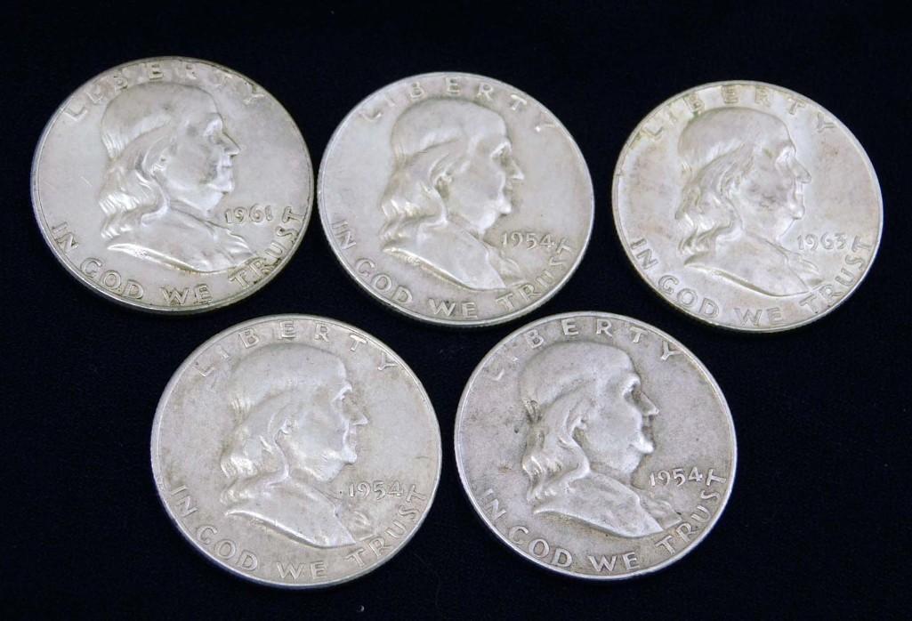 5 Franklin Half Dollars 90% Silver (1 of 2)