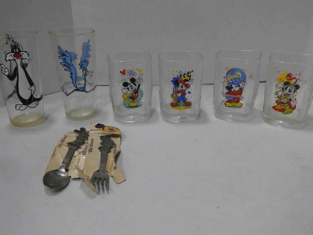 Lot of Disney and Warner Brothers Glasses and Flatware: Lot of Disney and Warner Brothers Glasses and Flatware