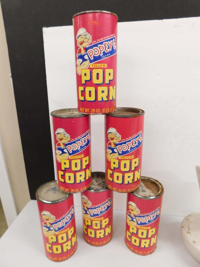 Lot of 6 Vintage Popeye Cans of Popcorn: Lot of 6 Vintage Popeye Cans of Popcorn