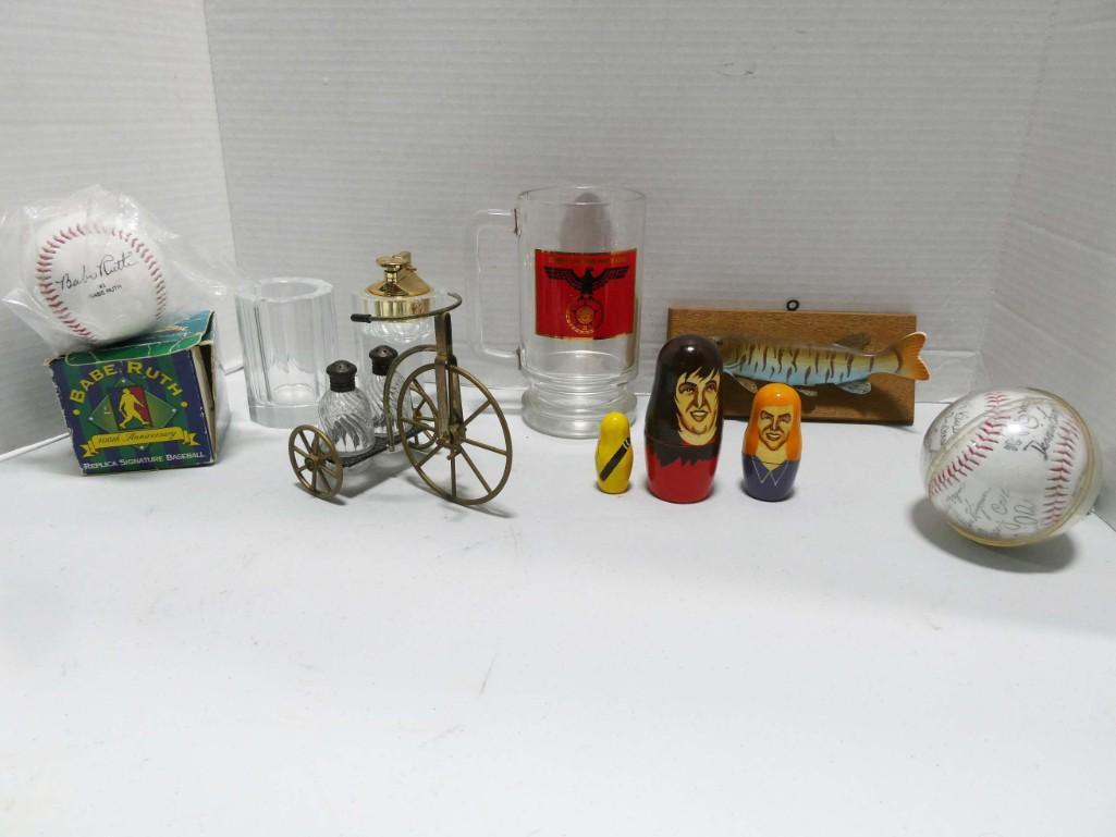 Lot of Collectibles incl Table Lighter , Nesting Dolls: Lot of Collectibles incl Table Lighter , Nesting Dolls , Salt and Pepper Shakers , Baseballs with Replica Signatures - NOT ACTUALLY SIGNED