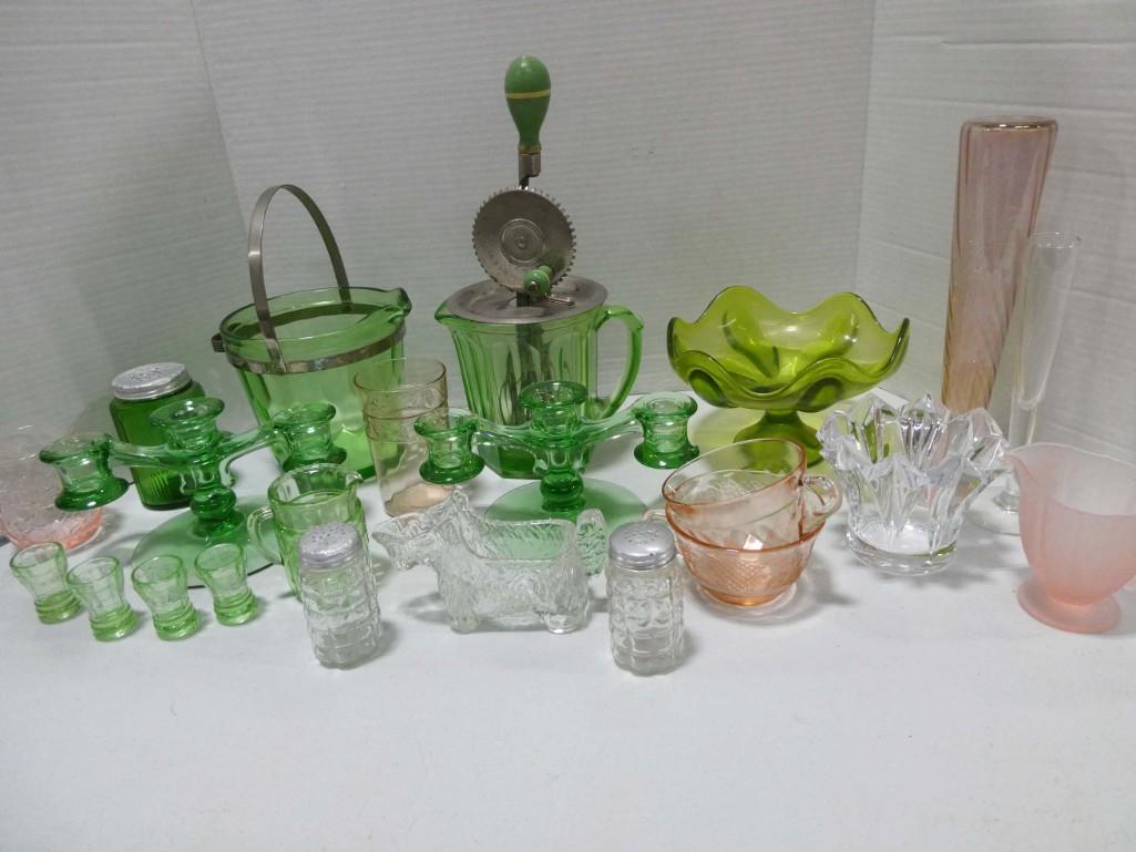 Depression Glass incl Hand Mixer , Ice Bucket , etc: Lot of mostly Depression Glass incl Hand Mixer , Ice Bucket , Candlestick Holders , Shot Glasses , Cups , etc Mostly Green or Pink . Also includes a Viking Glass Epic Footed Bowl