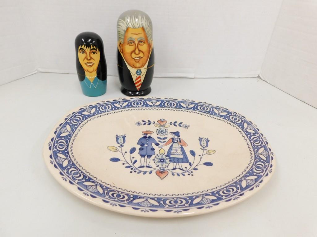 Staffordshire Ironstone Platter and Bill Clinton and: Staffordshire Ironstone Platter and Bill Clinton and Monica Lewinsky Nesting Dolls Signed on the bottom by the artist