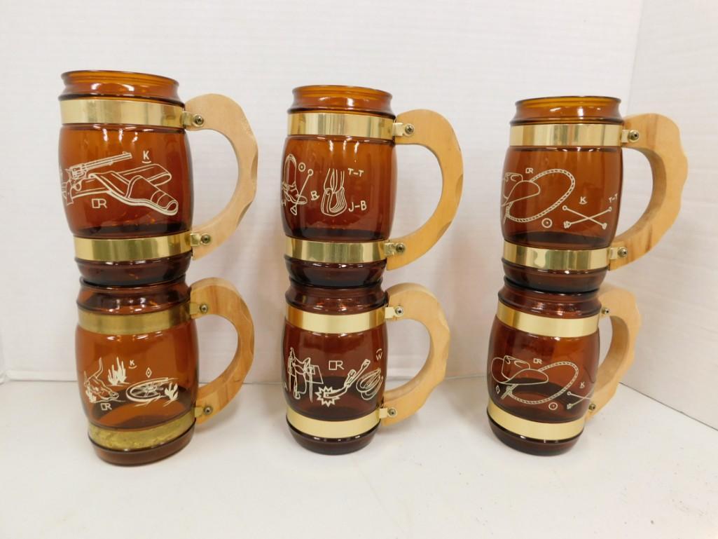 6 Vintage Siesta Ware Barrel Mugs with Wood Handles: Set of 6 Vintage Siesta Ware Barrel Mugs with Wood Handles and Western Rodeo Design