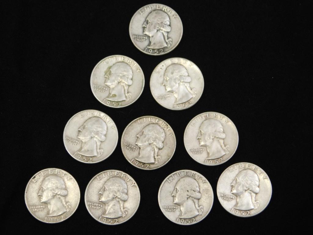 Lot of 10 Washington Quarters from 1952 90% Silver (1 of 3)