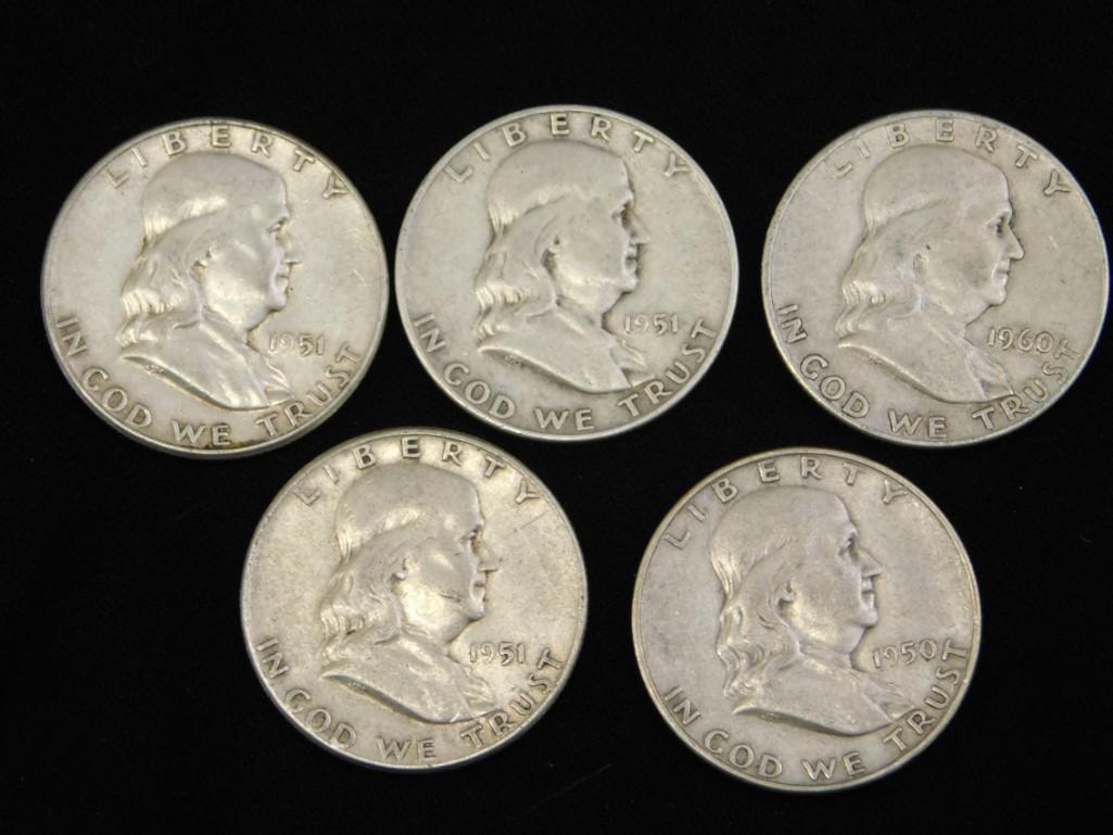 Lot of 5 Franklin Half Dollars 90% Silver (1 of 2)