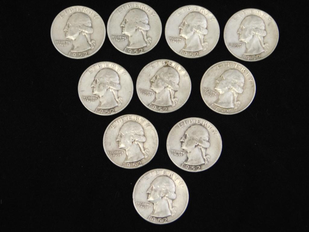 Lot of 10 Washington Quarters from 1952 90% Silver (1 of 2)