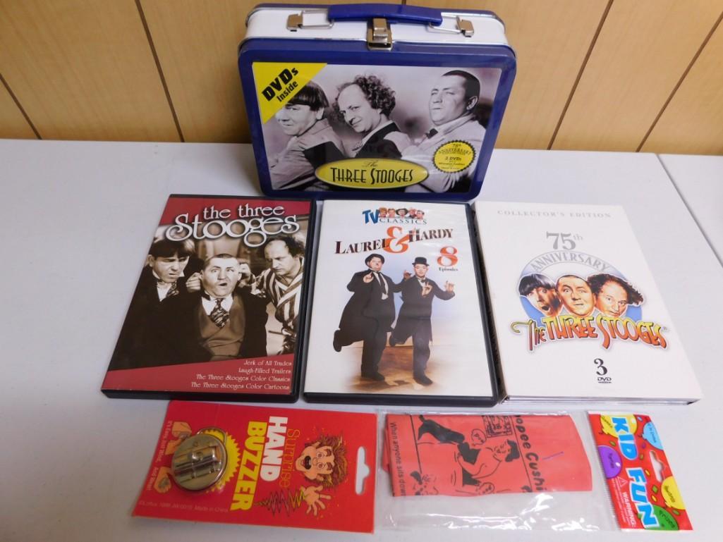 Collectibles Lot incl The Three Stooges Lunchbox , DVDs, Laurel & Hardy DVD, Hand Buzzer , Whoopee C (1 of 5)