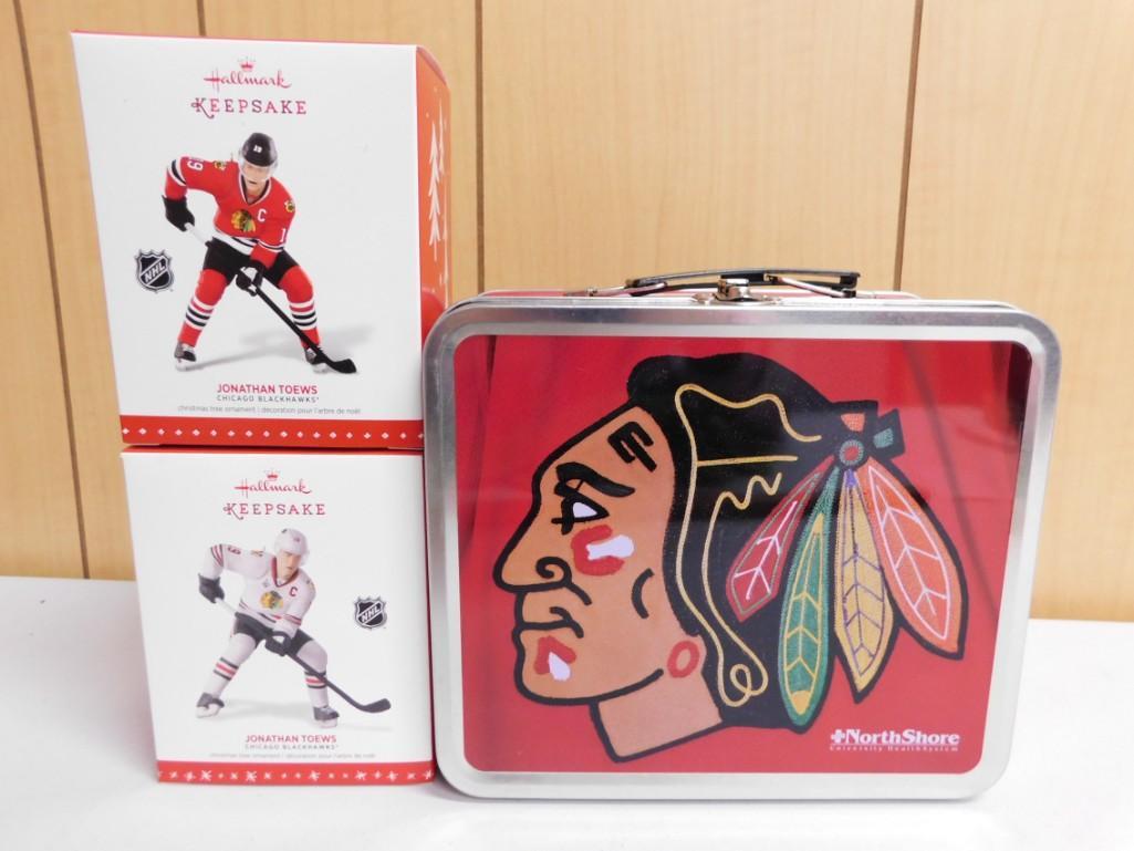 Chicago Blackhawks Collectibles incl Lunch Box and 2 Hallmark Keepsake Ornaments New in Box (1 of 3)