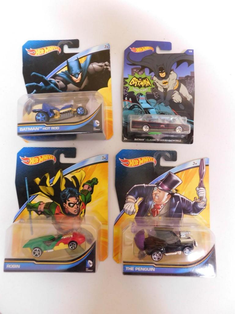 4 Hot Wheels Batman Cars New in Packages: 4 Hot Wheels Batman Cars New in Packages . Includes Batman Classic TV Series, Batman Hot Rod , Robin , and The Penguin