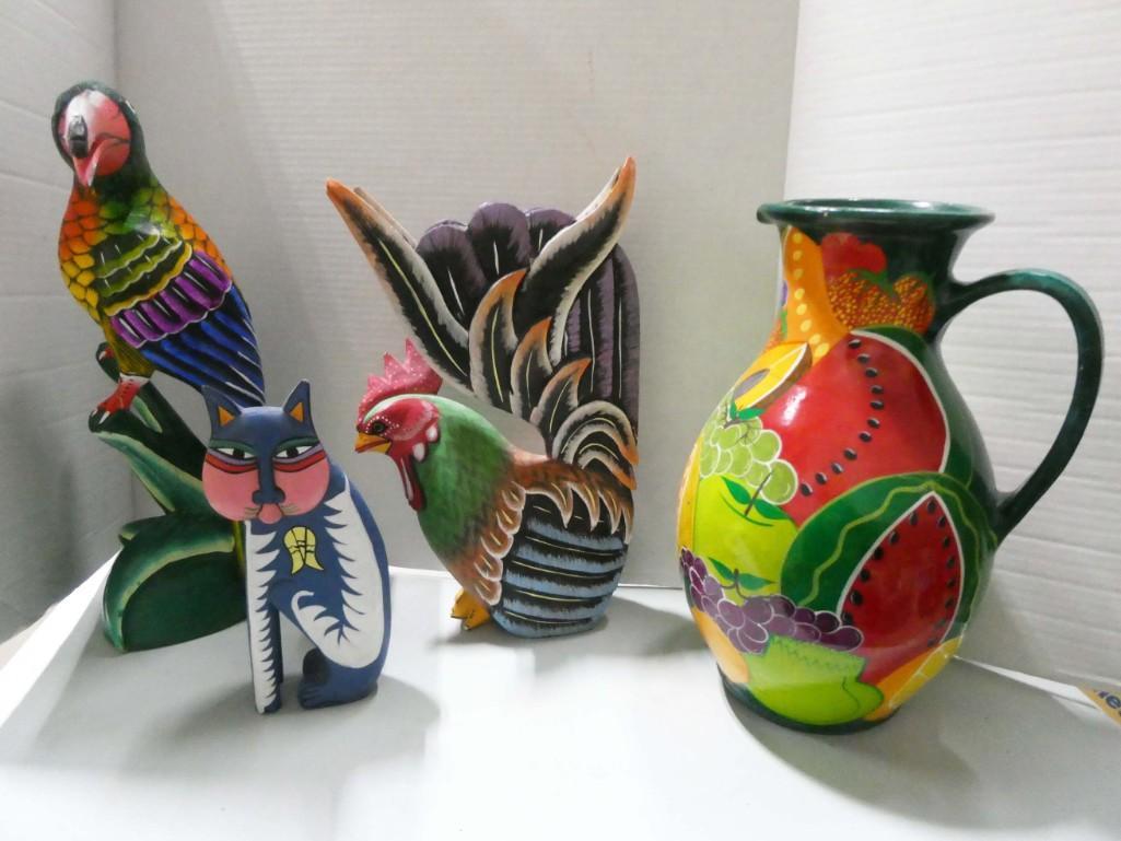 Bright Colored Home Decor incl Pitcher , Cat , Rooster , Bird (1 of 2)