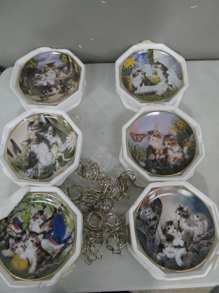 Lot of Cat and Kitten Collector Plates and Metal Napkin Rings: Lot of Cat and Kitten Collector Plates and Metal Napkin Rings