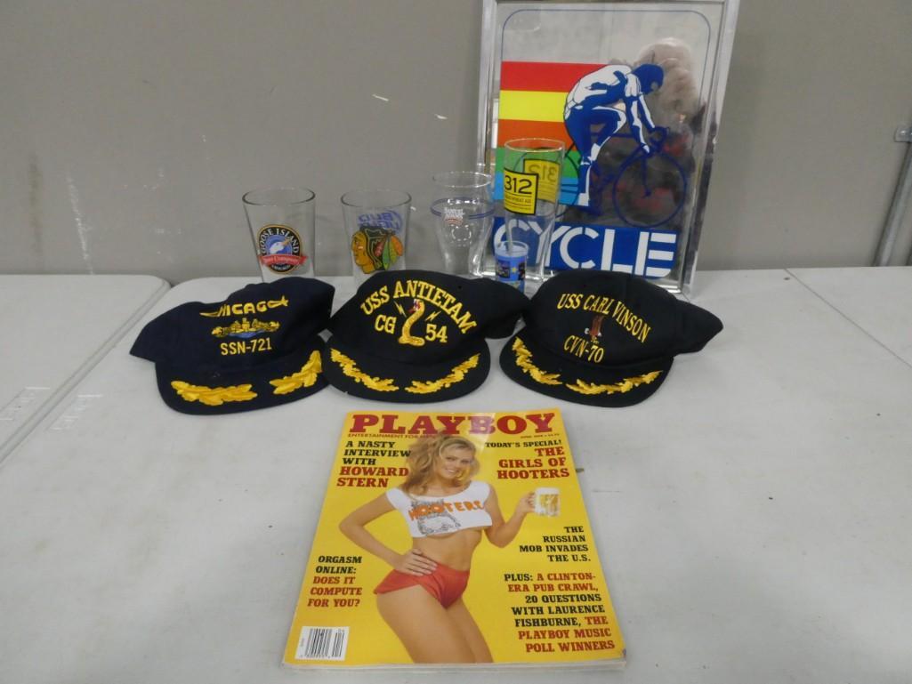 Misc Lot incl Beer Glasses , Cycle Mirror , 3 New Navy Caps , etc (1 of 2)