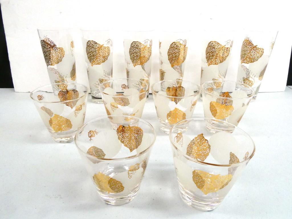 12 Vintage Glasses incl Tom Collins and Rocks or Lowball Gold and White Bar Glasses (1 of 5)