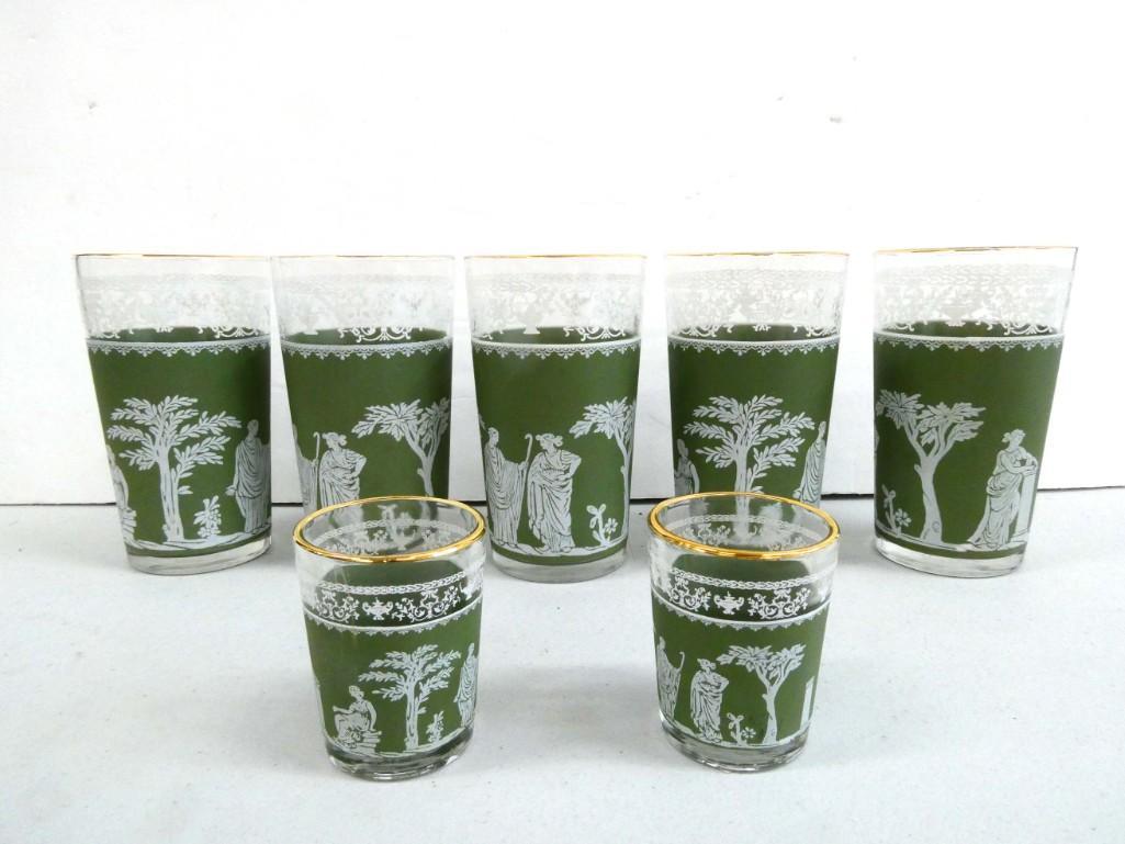 7 Wedgwood Jasperware Hellenic Green Glasses incl 5 Tumblers and 2 Shot Glasses: 7 Wedgwood Jasperware Hellenic Green Glasses incl 5 Tumblers and 2 Shot Glasses