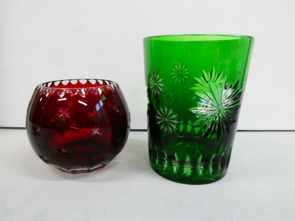 Cut to Clear Ruby Red Crystal Votive and Cut to Clear Green Waterford Tumbler (1 of 8)