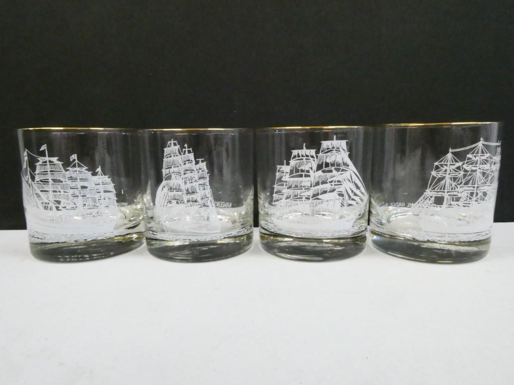 4 Vtg Tall Ships Whiskey Glasses , incl 4 different Ship Designs: 4 Vintage Tall Ships Whiskey Glasses , incl 4 different Ship Designs