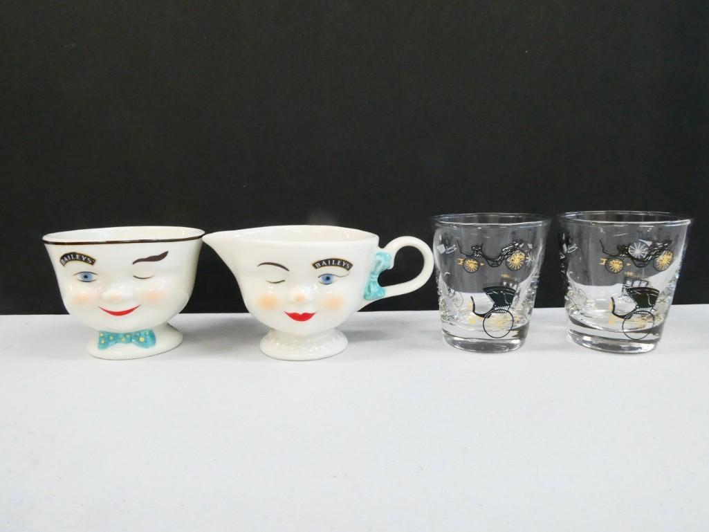 Bailey's Creamer and Sugar Bowl and 2 Curio or Carriage Rocks Glasses: Bailey's Creamer and Sugar Bowl and 2 Libbey Curio or Carriage Rocks Glasses