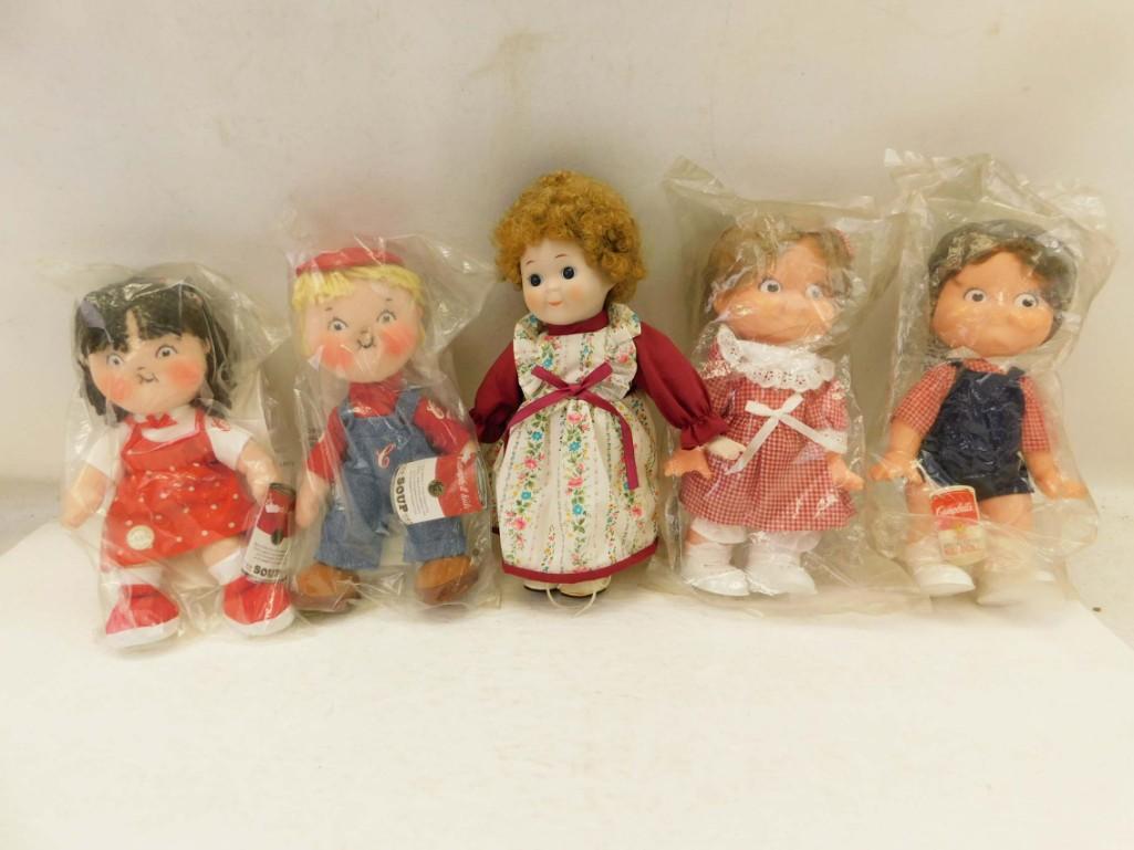 5 Campbell Soup Kids Plush & Porcelain Dolls Lot: 5 Campbell Soup Kids Plush & Porcelain Dolls Lot . 2 vinyl, 2 stuffed cloth, 1 porcelain generic Campbell Kids dolls lot