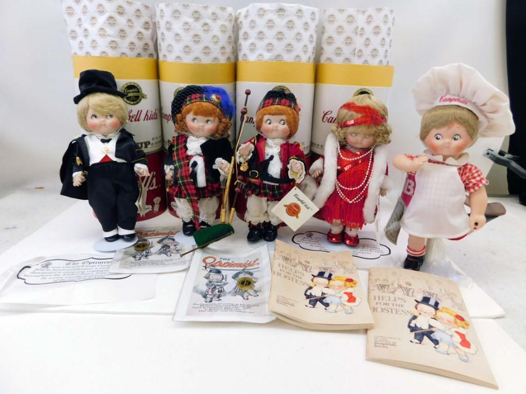 5 Vtg 1994 Campbell Soup Kids Optimist Dolls w/Cans: 5 Vintage 1994 Campbell Soup Kids Optimist Dolls w/Cans . Porcelain Optimist Flapper, Steppin Out, Scottish Dancer, Bag Piper w/cans, Danbury Mint Dancing Chef Doll Lot