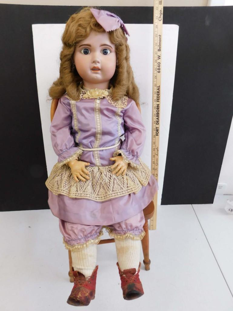 SFBJ Bebe Jumeau Paris France 30" Bisque doll w/wood chair: SFBJ Bebe Jumeau Paris France 30" Bisque doll w/wood chair . 30", Bisque head, blue glass sleep eyes, partial eyelashes left eye. Open mouth, upper teeth, human hair wig, feathered brows. Compo or woo