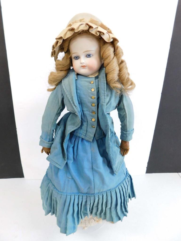 1858 Greiner 23" Bisque TLC doll, Original Outfit: 1858 Greiner 23" Bisque TLC doll, Original Outfit . Unmarked, bisque head & shoulderplate. Broken shoulderplate w/old repairs. Stationary glass eyes, tiny factory air bubble to bisque cheek. Human