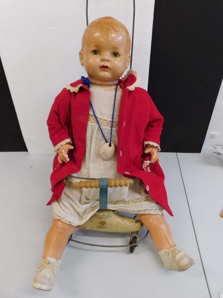 Effanbee Sugar Baby 26" Composition and Cloth Baby doll w/metal stroller: Effanbee Sugar Baby 26" Composition and Cloth Baby doll w/metal stroller . 26", Composition and cloth, open mouth, teeth, sleep tin eyes, eyelashes. Compo has crazing, cracking to molded hair, crack b